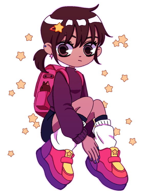 Chibi style cartoon of a girl sitting down. She is surrounded by stars. She has a pink backpack, brown hair, brown eyes, brown skin, and a colorful outfit.